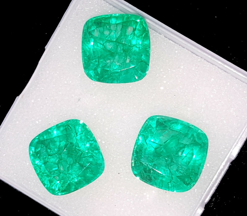 Natural Green Emerald 21+ Ct Certified 3 Pcs Lot Cushion Cut Loose Gemstone PE31 gallery