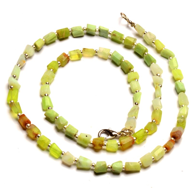 Natural Green Peru Opal Gems 5 to 6 mm Size Faceted Nugget Beads 21″ Necklace