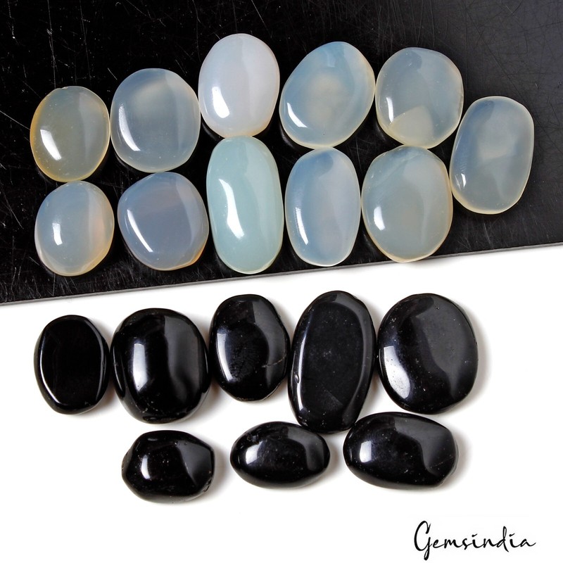 320 Ct/19 Pcs Natural Untreated White & Black Onyx Oval Cab Loose Wholesale Gems gallery