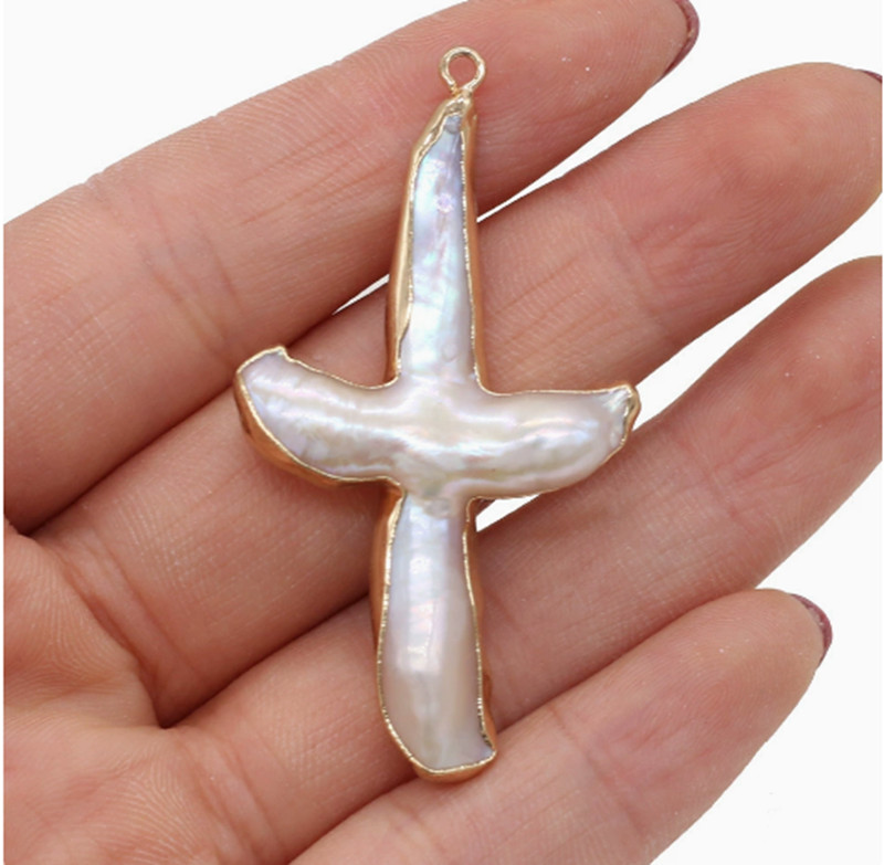 1Pcs Natural 20x30mm White Freshwater Cultured Pearl Cross Pendant