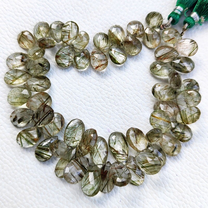 Natural Green Rutile Quartz 11×8 to 13×9 mm Faceted Pear Briolette 9″ Strand