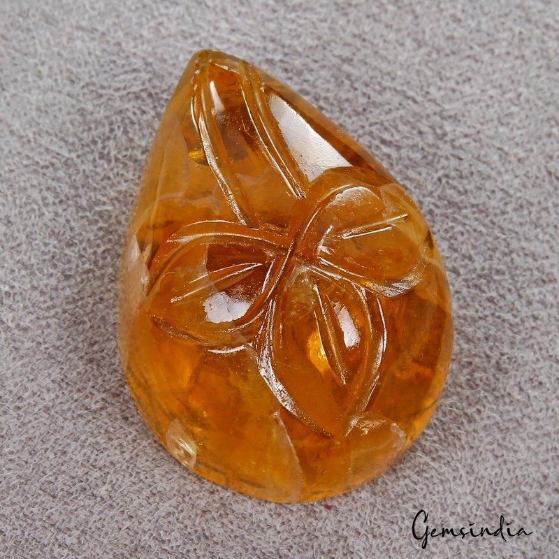 80 Cts Natural Untreated Orange Fluorite Pear Carved Loose Gemstone For Pendant