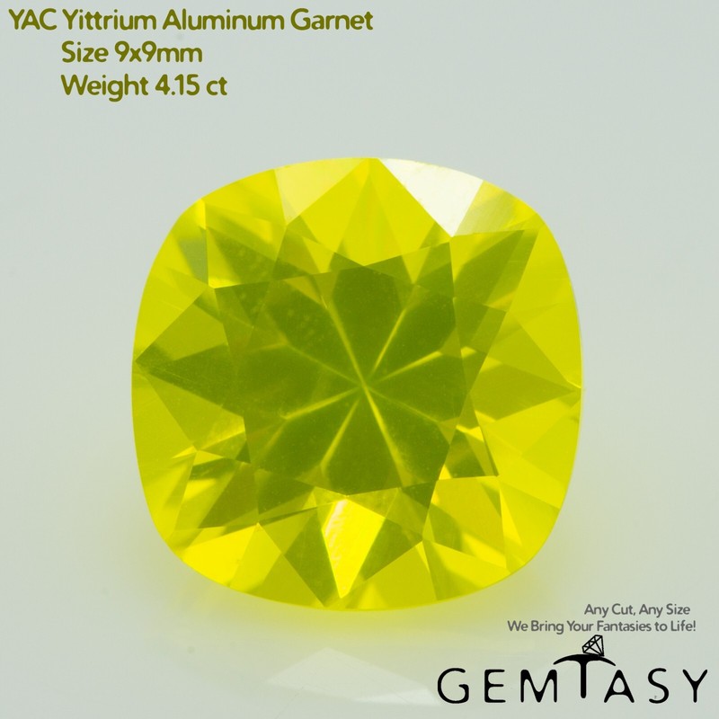 Cut stone – Yttrium Aluminum Garnet Yellow lab grown, Cushion 9x9mm 4.15ct