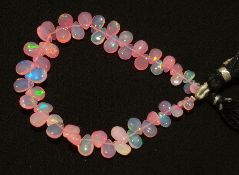 Ethiopian Pink Opal Gem 7x5 to 10x7 mm Size Rainbow Fire Pear Beads Strand 7" gallery