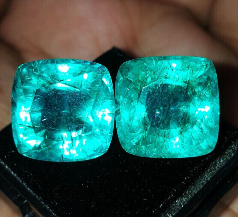 Loose Gemstone Natural Colombian Emerald Pair 18+ Ct Certified Cushion Cut M030