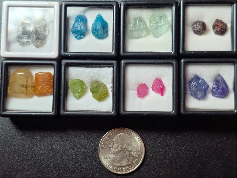 16 Rough Natural Gemstones Set in 8 Cases Tanzanite-Aquamarine-Ruby & More