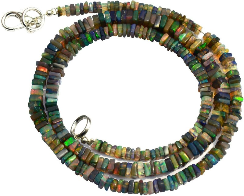 Rainbow Fire Black Ethiopian Opal 3 to 5mm Square Heishi Beads Necklace 19" 50Ct gallery