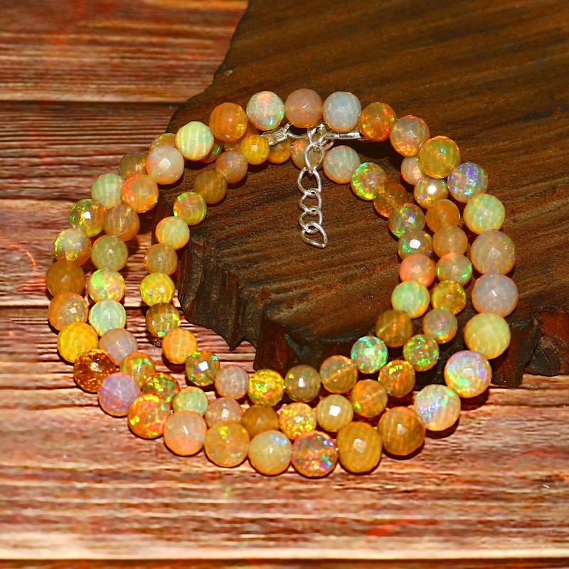 Ethiopian Fire Opal Faceted Round Necklace Colorful Beaded Gemstone 1218