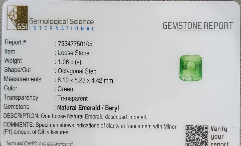 Certified 1.06ct Medium Neon Green Natural Zambian Emerald, Minor Oiled Loose Ge gallery