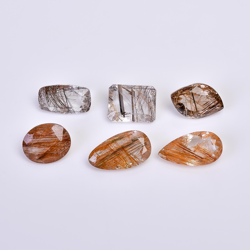 Natural Multi Rutile Cut Copper Rutile Quartz Faceted Gemstone (6 Pcs Set)