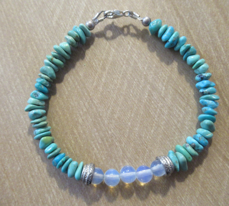 KINGMAN TURQUOISE & MOONSTONE BRACELET 8.25 INCHES .925 LOBSTER & BEADS #686