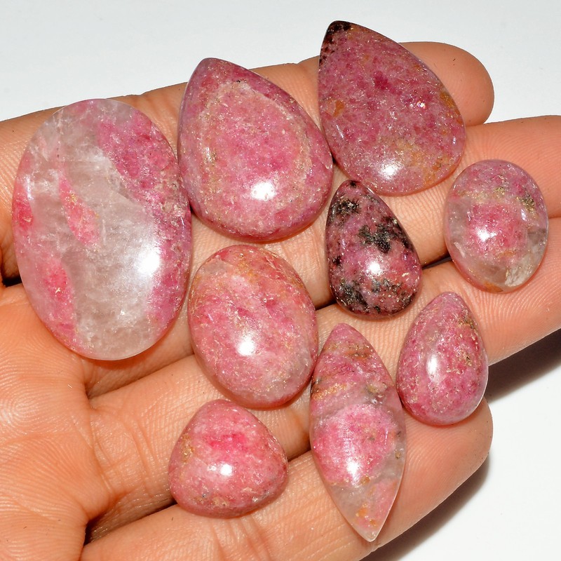 9 Pcs 217 Cts Natural Pink Rhodonite Cabochon Gemstone Lot 35×20 14x13mm #16757