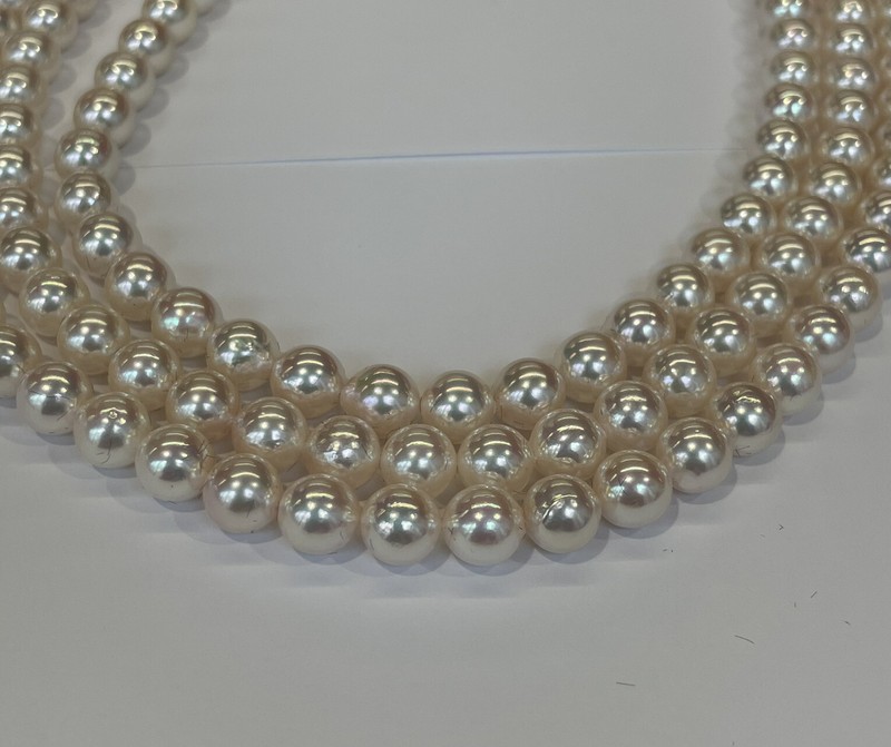 Akoya Pearls 3 Strands 8mm X 7.5mm. Great Luster Round and no visible Flaws.