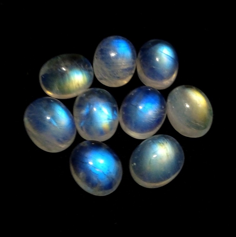 28.2 Carat 10×8 MM Natural Blue Sheen Rainbow Moonstone Oval 9 PCS Lot Cabochon