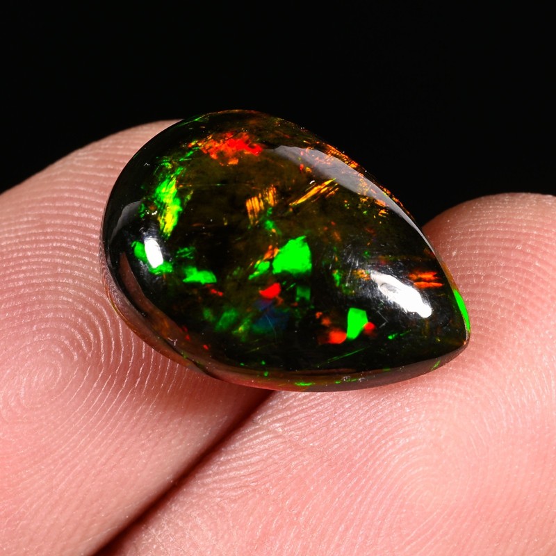 5.85Ct Natural Ethiopian Black Opal Cabochon : Pear Shape Multi Fire Gemstone