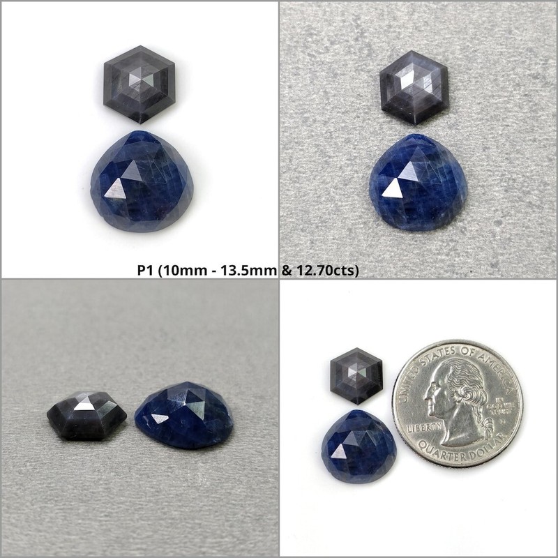 Blue Silver And Golden Sapphire Gemstone Rose Step Hexagon Pear Shape 2pcs Set