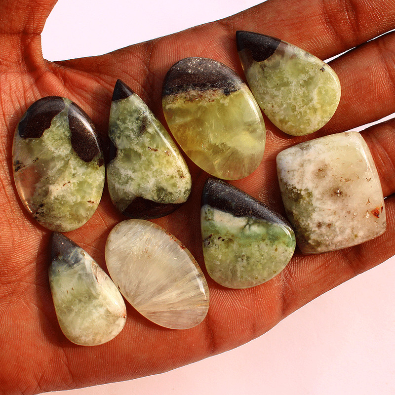 8 Pcs Australian Natural Bio Prehnite Untreated 31mm-38mm Cabochon Gemstones Lot gallery