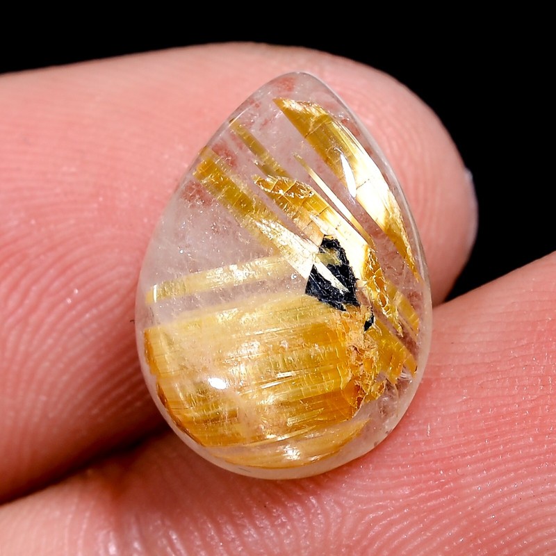 Golden Rutilated Quartz in Hematite Gemstone Cabochon 5 Ct 10X14X4 MM Natural