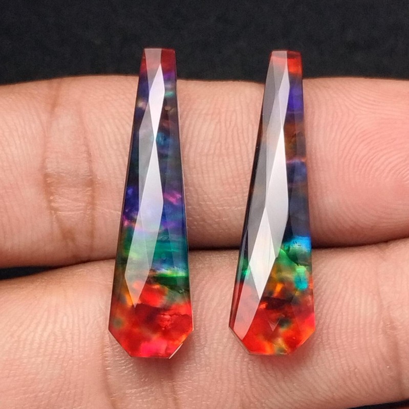 Ammolite Stone Doublet Coffin Checker Cut Pair Loose Gemstone 8 x 30 MM