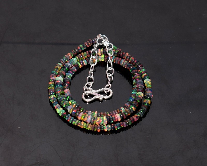 20"Natural Ethiopian Black Opal Wello Fire Opal Gemstone Bead Necklace 34 Crt gallery