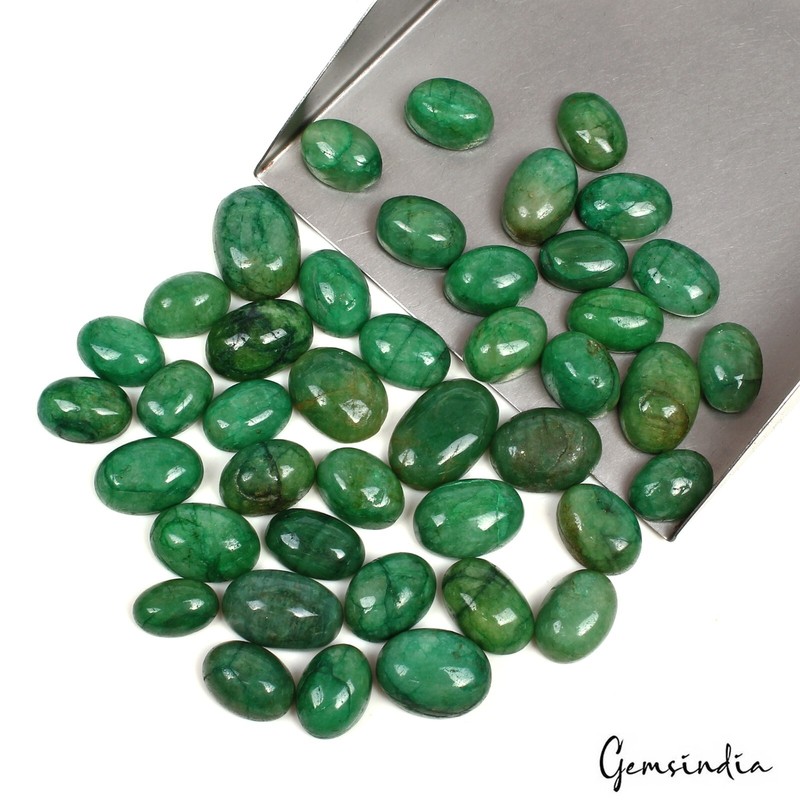 400 Cts/42 Pcs Natural Green Emerald Oval Cab Loose 13-20mm Gems Lot For Jewelry