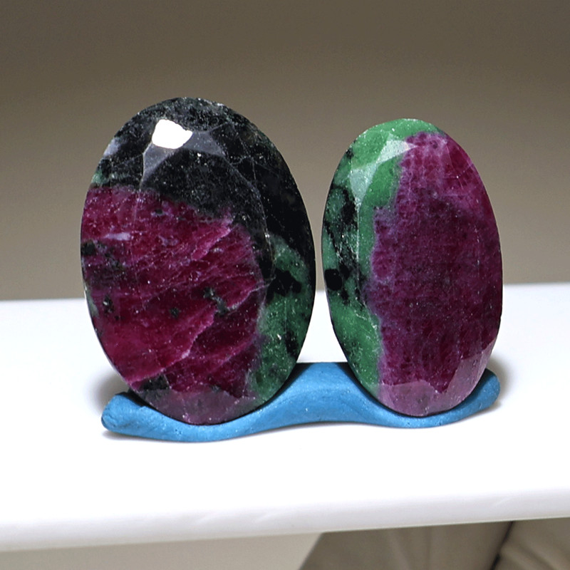 Earth & Fire~ 2 PC Natural Ruby Zoisite 28mm-30mm Oval Cut Faceted Gemstones Set gallery