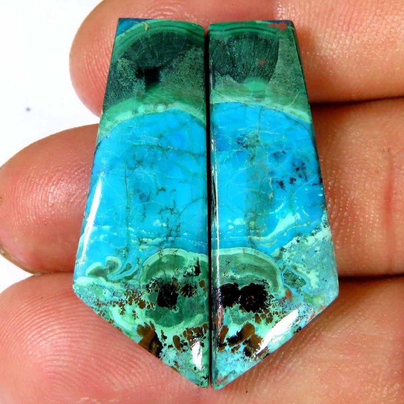 36.50Cts Natural MALACHITE CHRYSOCOLLA PAIR 12x34x4mm Fancy Shape Losse Gemstone