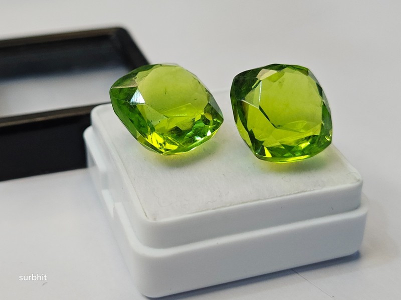 Pair Olive Green Peridot Cushion Cut 17+Ct Natural Certified Loose Gemstone VVS gallery