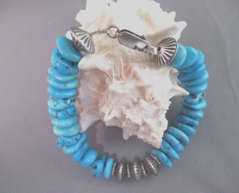 SLEEPING BEAUTY TURQUOISE NUGGET BRACELET 8.5″ .925 LOBSTER & HOGAN BEADS #439