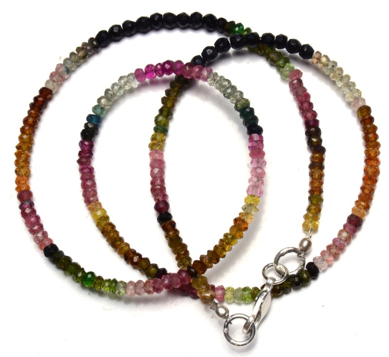 Natural Gem Tourmaline 3MM Size Faceted Rondelle Beads Necklace 17″ 37Cts.