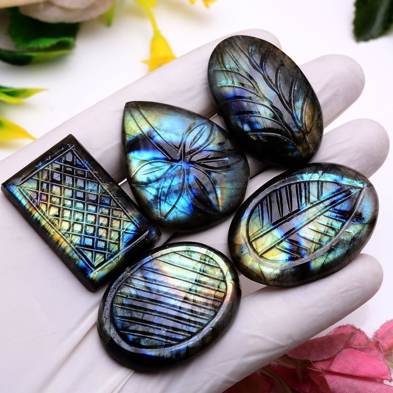 5 Pcs Natural Labradorite 37mm-43mm Hand Carving Flashy Untreated Gemstones Lot