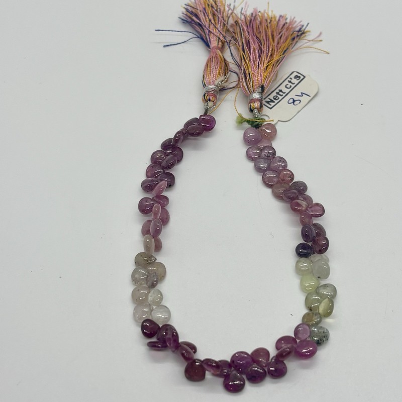 Sapphire Beads 84 Carats 8.5” Strand Smooth Drop Shapes Green Pink Red Ruby Gem