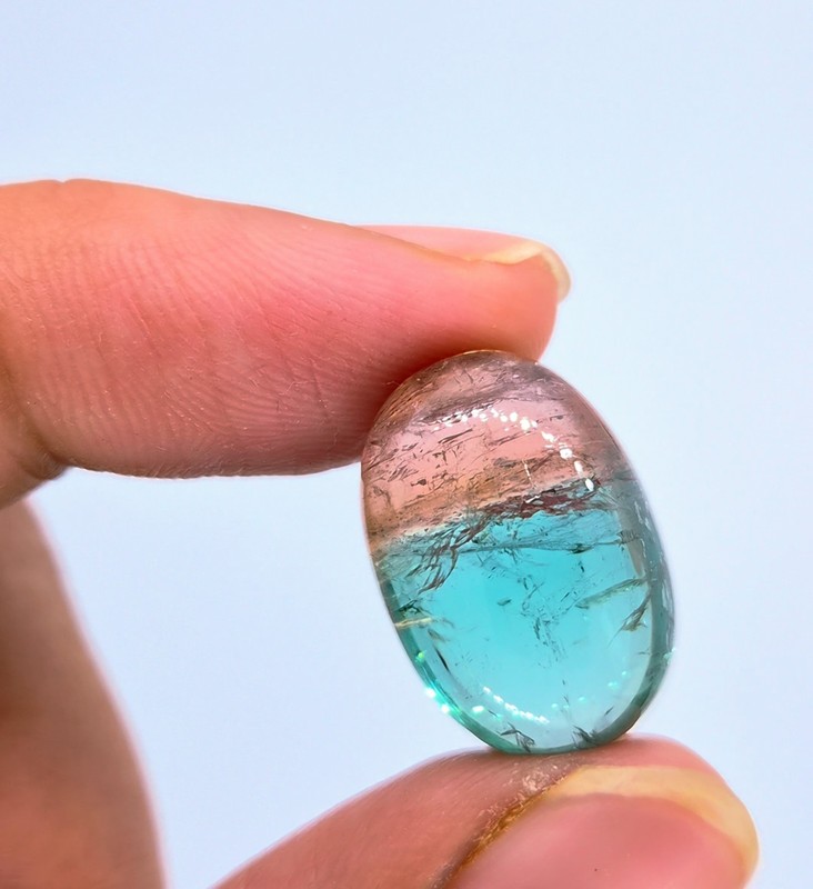 Natural Bi-Color Tourmaline Cabochon | Blue Green Watermelon Gradient Gemstone gallery