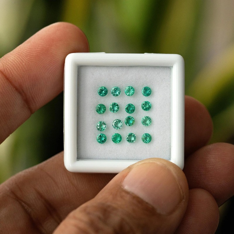 16-Piece Lot of Untreated Natural Zambian Emeralds, 2.5mm Round Step Cut Gems