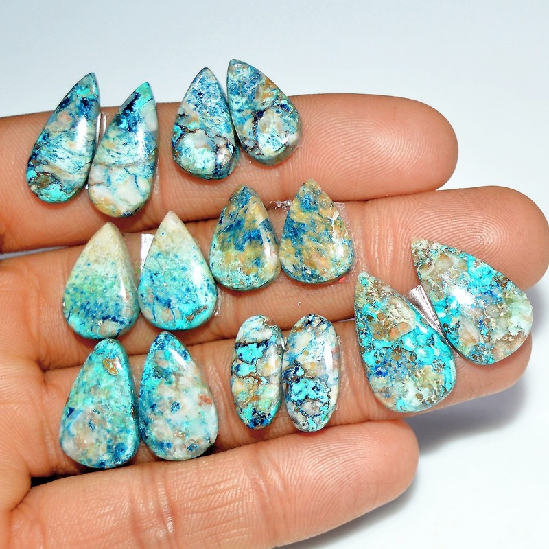 7 Pairs 92 Cts Natural Azurite Shattuckite Gemstone Pair Lot 20×11 15x6mm #17994