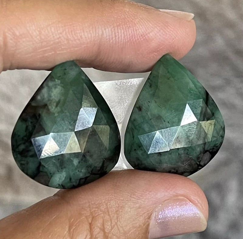 36ct 26x23x4.5mm Pair Green Emerald Rose Cut Flat Back Teardrop Cabochons