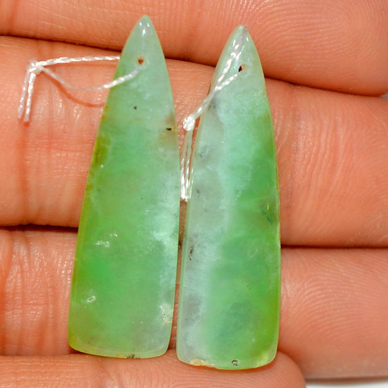 30 Cts Natural Green Chrysoprase Cabochon Gemstone Front Drill Pair 34x8mm #P379
