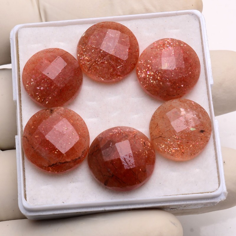 Dancing Stone ~ 6 Pcs Natural Sunstone 15mm-17mm Round Checker Cut Gemstones Lot