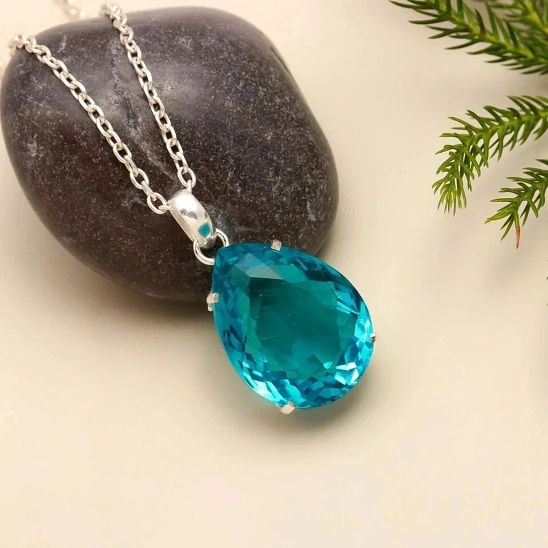96.5 Ct+ Blue Topaz Natural Pear Cut 925 Solid Silver Pendant Gemstone Certified