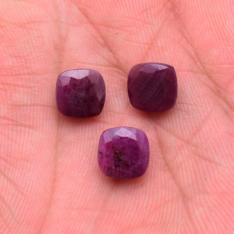 3 Pcs Natural African Ruby Unheated 8.41mm-8.91mm Cushion Cut Loose Gemstones gallery