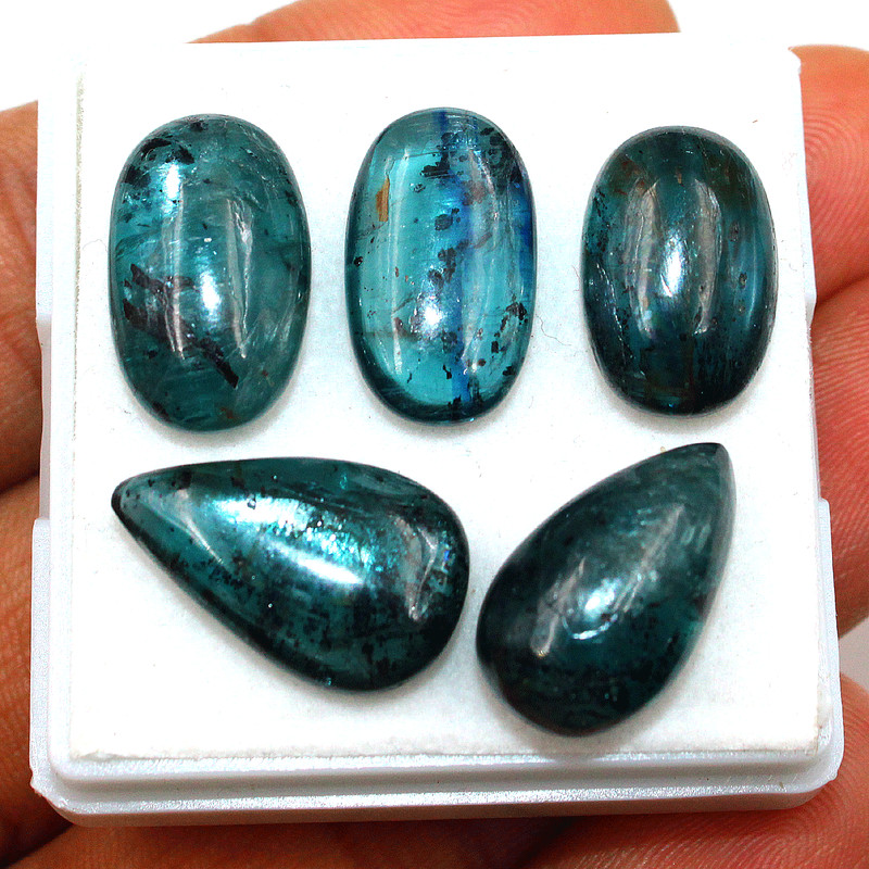 5 PC Natural Flashy Teal Moss Kyanite Untreated 15.4mm-18.5mm Cabochon Gemstones gallery