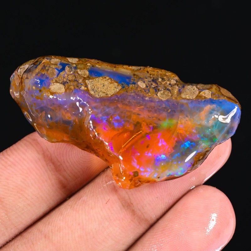 84.1 Ct Natural Ethiopian Welo Fire Opal Rough Gemstone 51x28x13 mm Multi Color