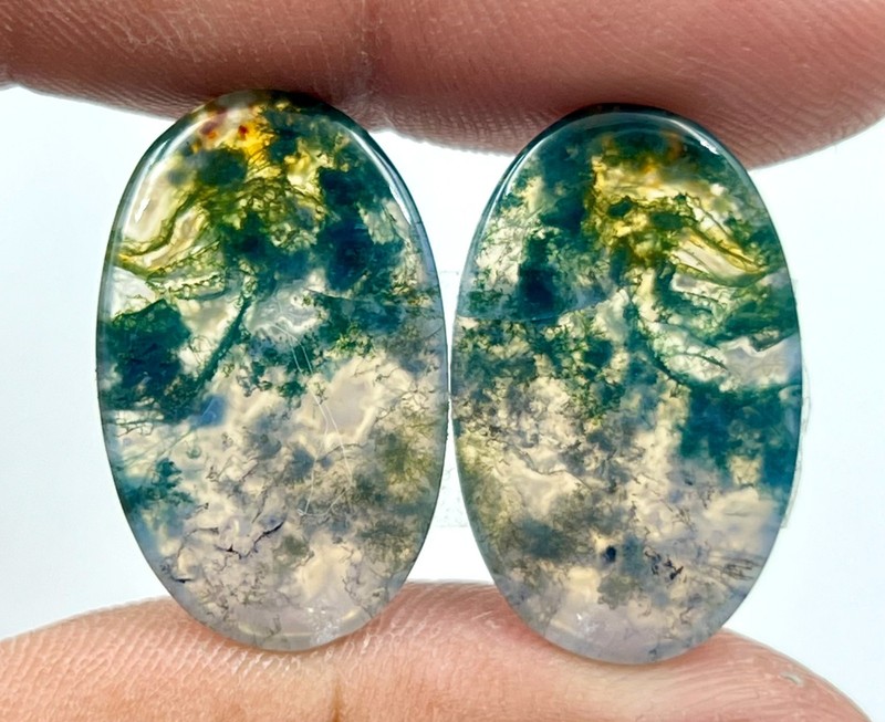 23 Ct 3x16x26 mm Natural Green Moss Agate Pair Oval Cabochon Gemstone DP=206 gallery
