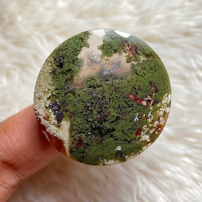 Rare Moss Agate Round Cabochon 33x4mm Forest Landscape Gemstone Collector Stone