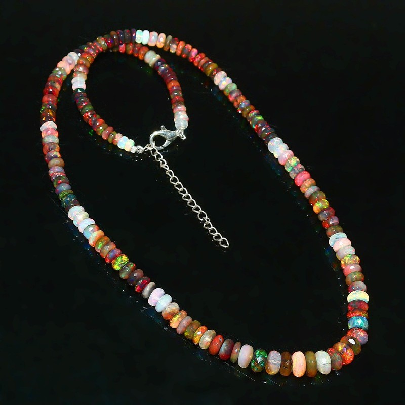 Natural Ethiopian Fire Opal Necklace Multi Color Faceted Roundel Beads 70cm 40 gallery