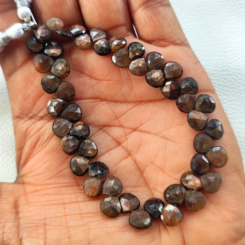 7mm Brown Copper Sapphire Faceted Heart Beads 8 Inch Strand Madagascar Gemstone