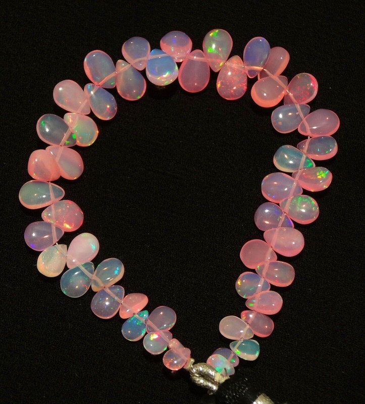 Ethiopian Pink Opal Gem 7x5 to 10x7 mm Size Rainbow Fire Pear Beads Strand 7" gallery