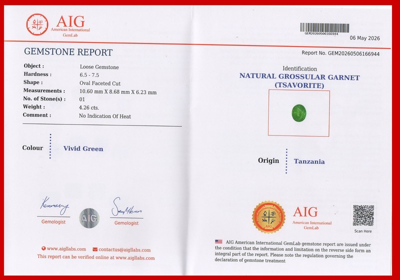 4.26 Cts_AIG Certified_100 % Natural Unheated VIVID Green TSAVORITE Garnet gallery