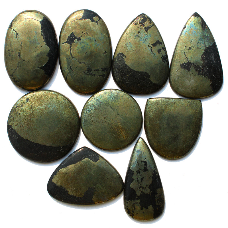 9 Pcs ~ 624 Cts Natural Pyrite Untreated 28mm-43mm Cabochon Loose Gemstones Lot gallery