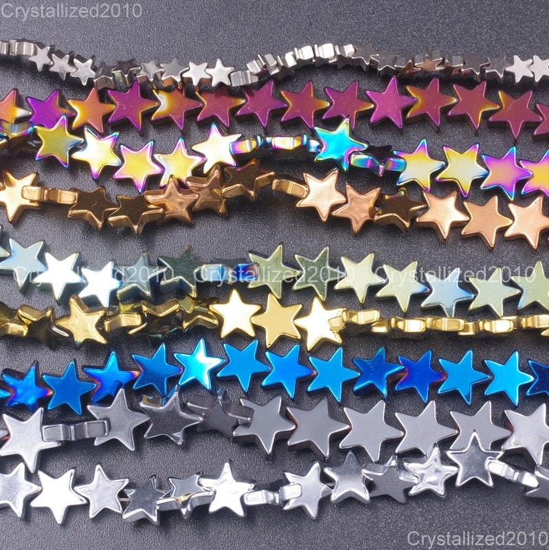 2 Strands Natural Hematite Gemstone Flat Star Beads 6mm 8mm 10mm Silver Gold 16"
